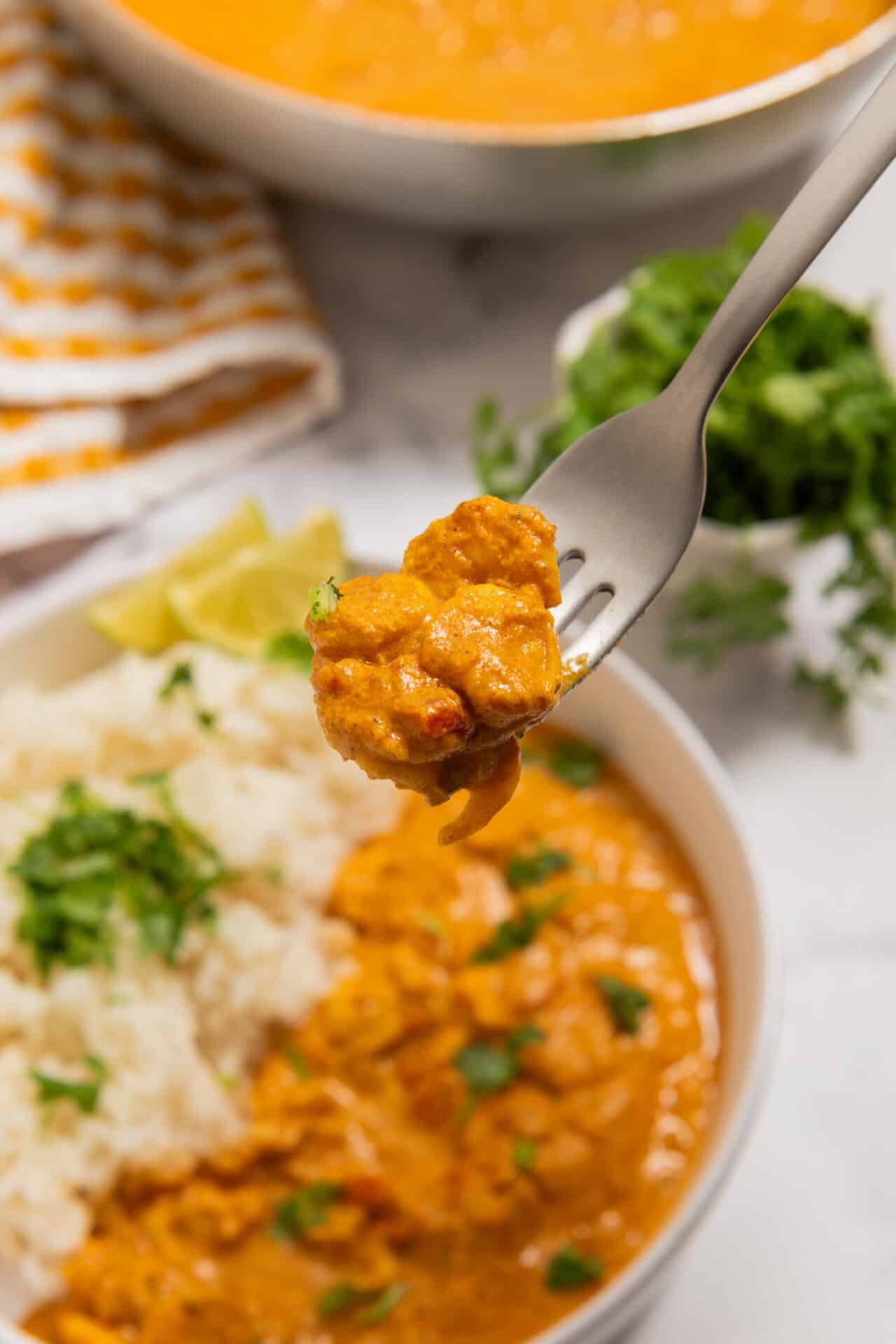 Savory chicken curry served with rice and fresh herbs in a white bowl, close-up.