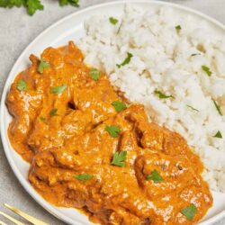 Chicken curry with rice and cilantro, served on a white plate.