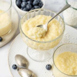 Creamy blueberry dessert served in a glass bowl with fresh blueberries around.