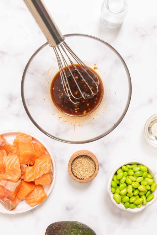 Sweet soy sauce marinade with garlic and sesame seeds, ready for salmon or other dishes.