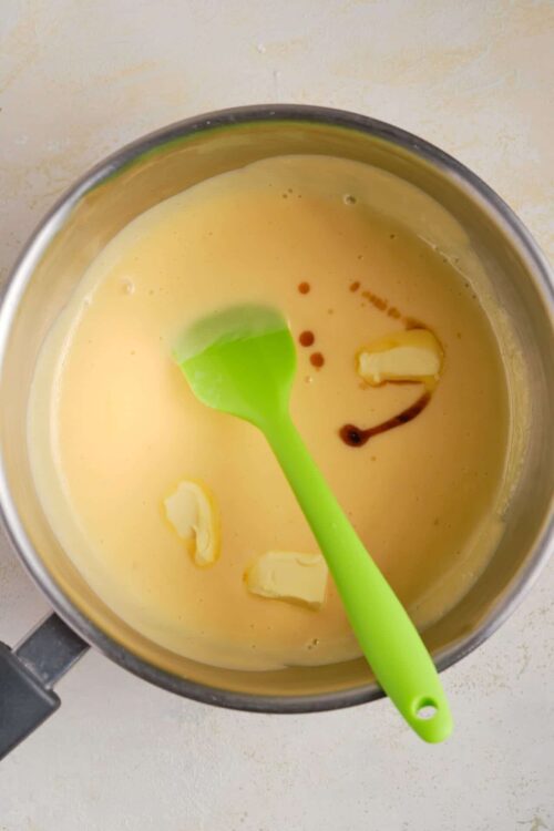 Creamy custard mixture with vanilla and butter, ready for baking or cooking.