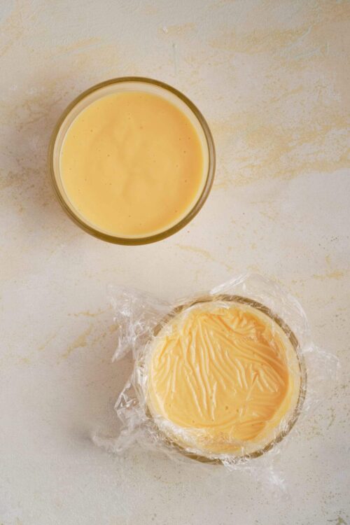 Butter and e.g. custard or sauce in bowl, top view, creamy cooking ingredients, homemade baking, kitchen essentials.