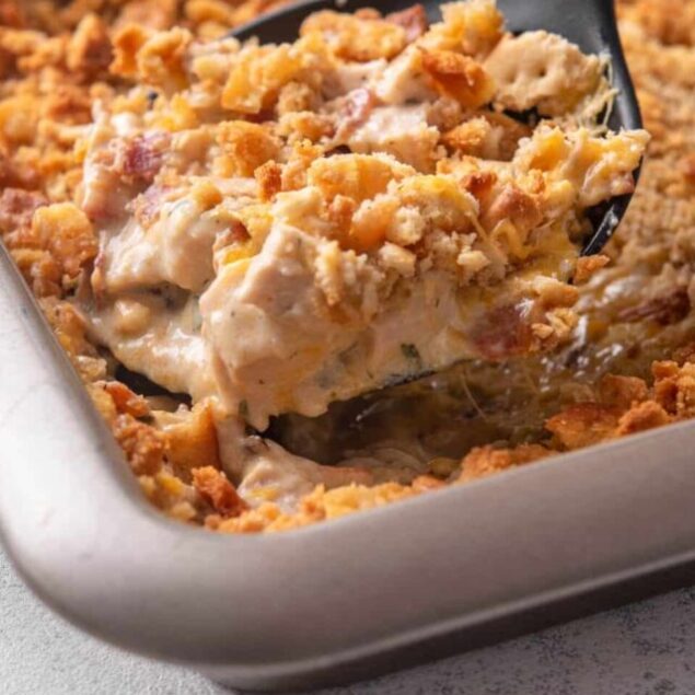 Creamy chicken pot pie with golden breadcrumb topping in a baking dish.