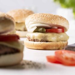 Savory cheeseburger with melted cheese, pickles, tomato, and onion on a sesame seed bun. Fresh and delicious burger for lunch or dinner.