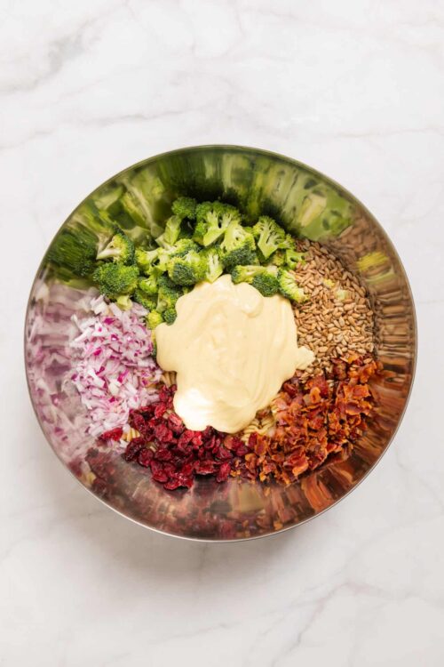 Fresh broccoli, red onion, dried cranberries, sunflower seeds, crispy bacon bits, and creamy mayonnaise in a stainless steel bowl.