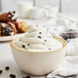 Creamy chocolate chip ice cream in a white bowl, topped with a swirl of vanilla ice cream. Perfect for dessert or summer treat.