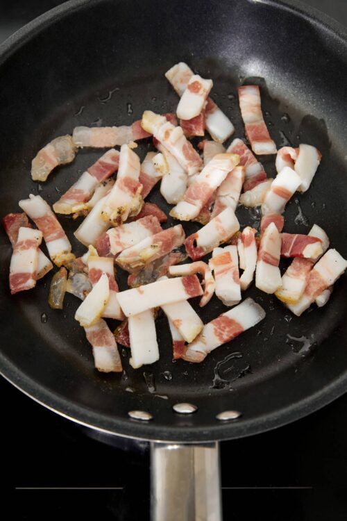 Crispy bacon cooking in a non-stick frying pan for breakfast or recipe.