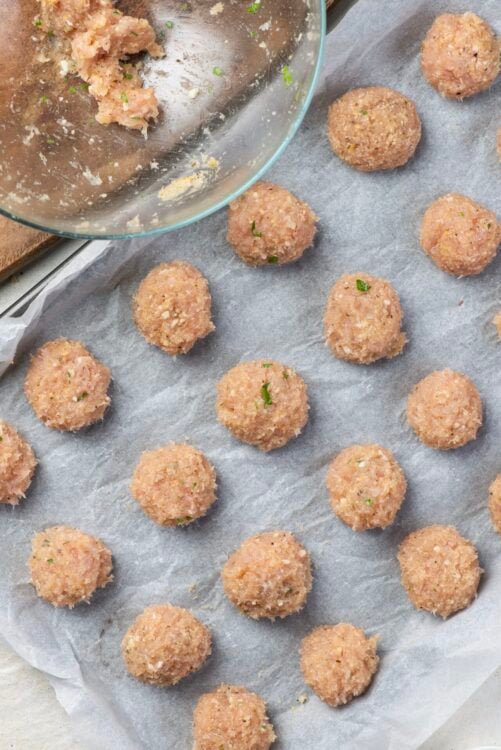 Breadcrumb-coated chicken meatballs ready for baking on parchment paper.