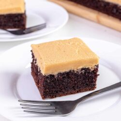 Rich chocolate cake with caramel frosting on white plate.