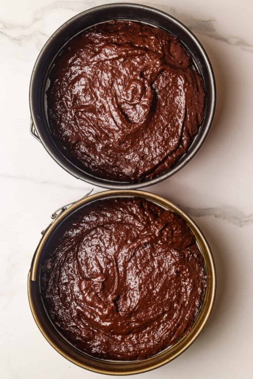Rich chocolate brownie batter in two round pans ready for baking.