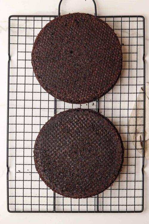 Rich chocolate layer cakes with dark crumb and glossy finish on cooling rack.