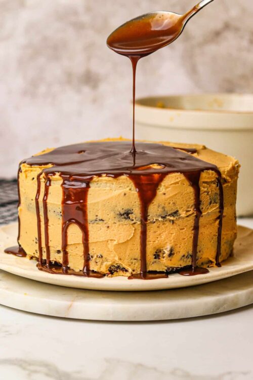 Rich caramel and chocolate chip ice cream cake with chocolate ganache drip. Perfect for celebrations and special occasions.