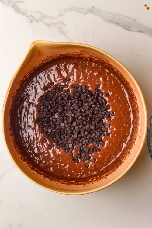 Rich chocolate cake batter with chocolate chips in a mixing bowl.