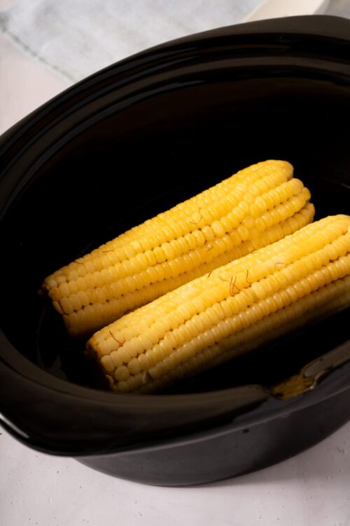 Sweet corn on the cob in a black slow cooker, ready to be cooked or kept warm. Perfect for summer recipes and outdoor gatherings.