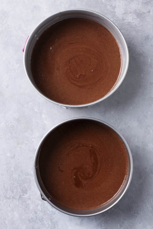 Fudgy chocolate cake batter in springform pans ready for baking.