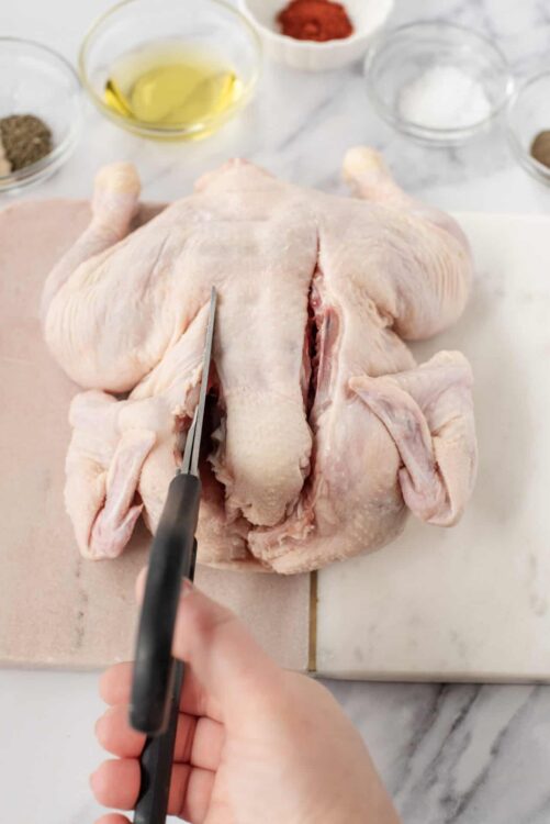 Raw whole chicken on cutting board with seasonings and cooking ingredients in background.