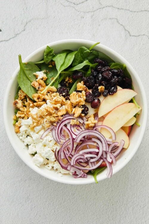 Fresh spinach salad with blueberries, apples, red onions, walnuts, and crumbled feta cheese. Healthy, colorful, and delicious.