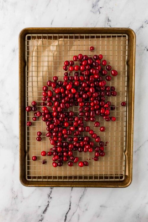 Fresh cranberries on baking sheet for baking or cooking recipes.