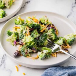 Fresh broccoli salad with cheese and cranberries on a white plate, easy healthy side dish, vegan-friendly recipe.