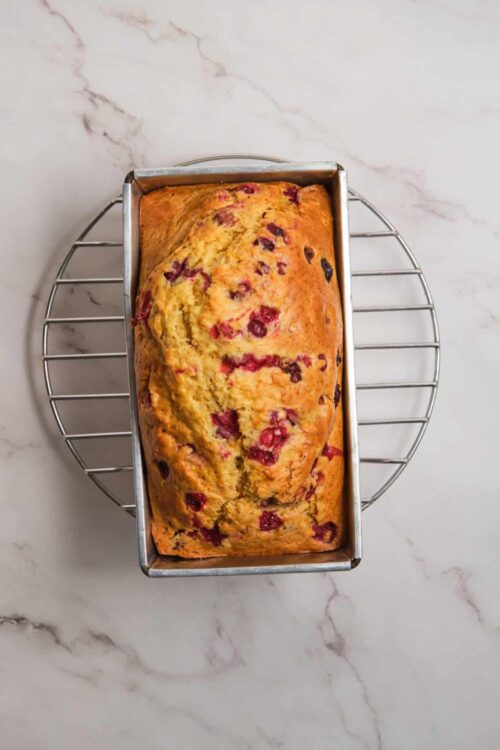 Fresh berry loaf cake in a metal baking pan on cooling rack.