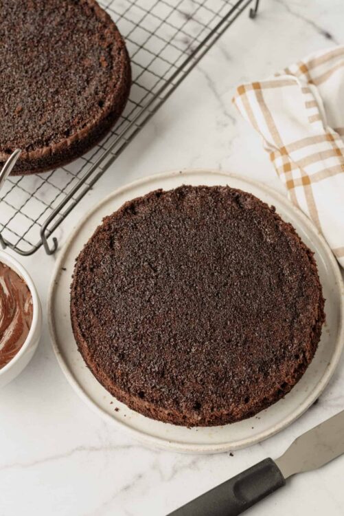 Rich chocolate cake with a textured crumb on a white marble surface.
