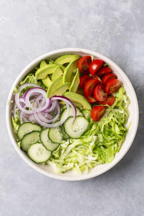 Fresh vegetable salad with cherry tomatoes, cucumbers, avocado, red onion, and shredded lettuce.