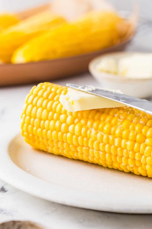 Fresh sweet corn on the cob with butter, ready to serve.