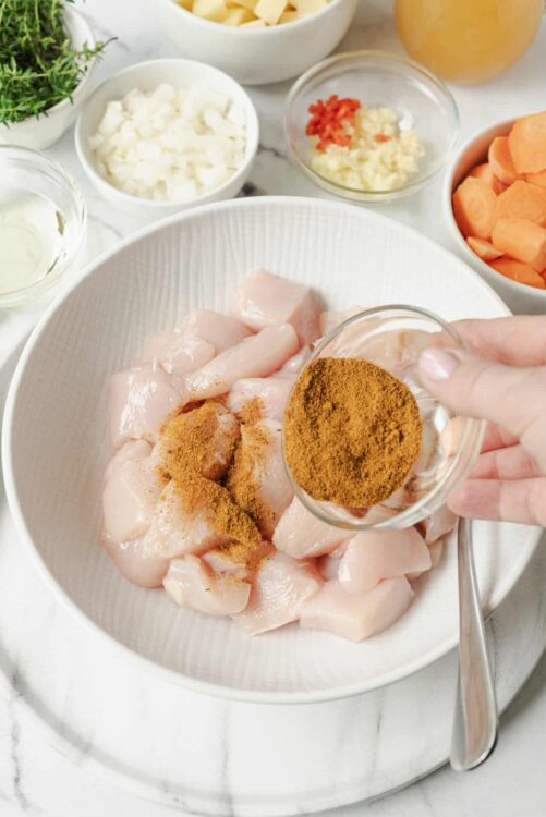 Seasoned chicken breasts with spice powder ready for baking or cooking.