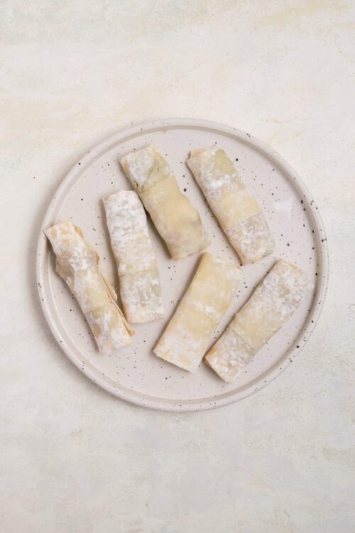 Frozen spring rolls on a white speckled plate.