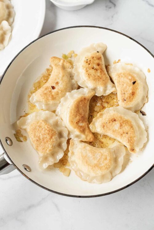 Crispy pan-fried dumplings with golden brown edges in a white skillet.