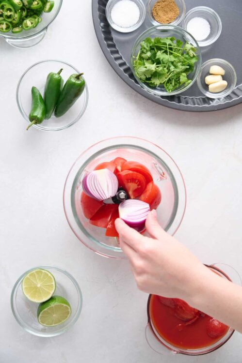 Fresh ingredients for homemade salsa with tomatoes, onions, jalapeños, cilantro, and lime.