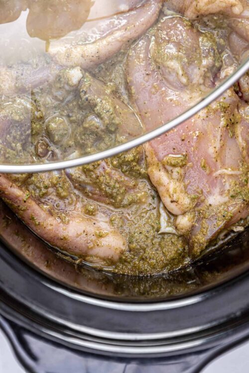 Succulent marinated chicken thighs cooking in an instant pot with herb marinade.
