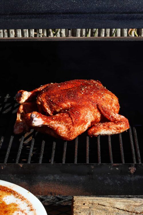 Juicy whole seasoned chicken roasting on a barbecue grill outdoors.