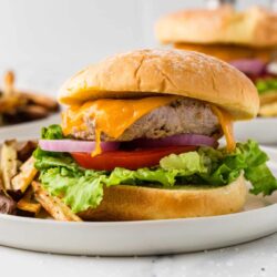Juicy cheeseburger with lettuce, tomato, onion, and melted cheddar on a toasted bun.