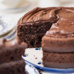 Rich chocolate cake with creamy frosting on a decorative plate.