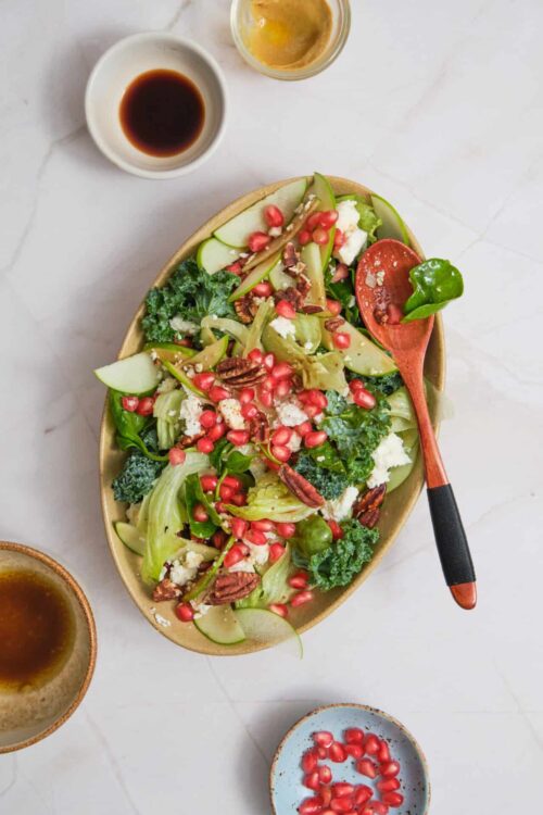 Fresh vegetable salad with pomegranate, feta cheese, pecans, and lemon vinaigrette.