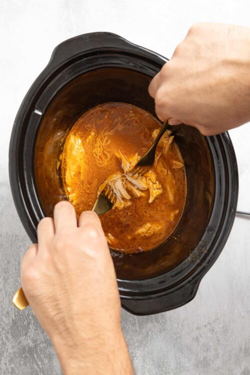 Savory shredded chicken cooking in slow cooker with flavorful broth.