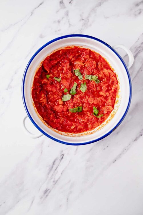 Fresh tomato sauce in a white bowl with blue rim, garnished with chopped basil on marble surface, homemade savory sauce for pasta or dishes.