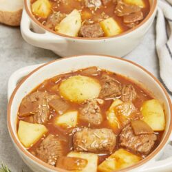 Comforting beef stew with potatoes in a rich, flavorful broth. Perfect for cozy dinners and meal prep.