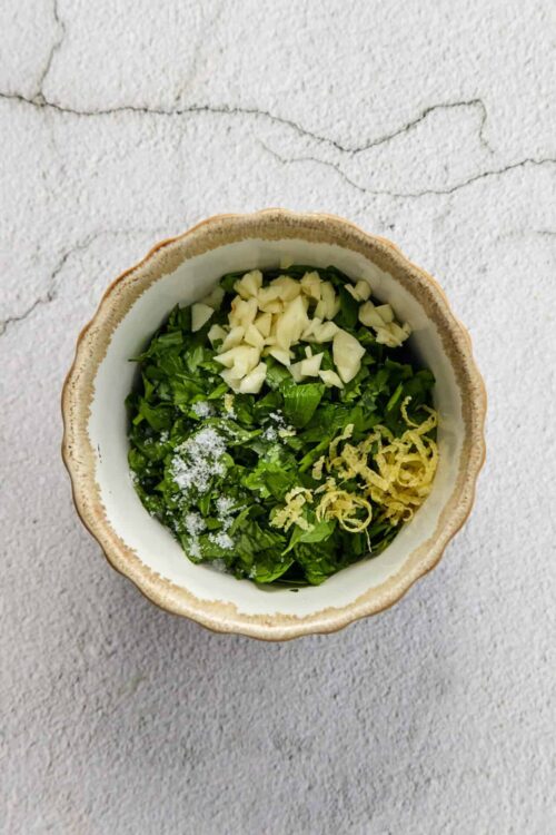 Chopped garlic, green onions, ginger, and salt in a decorative bowl for cooking preparation.