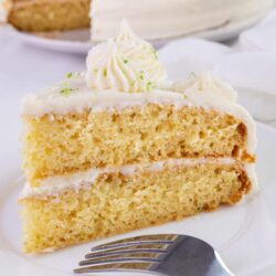 Butter cake with white frosting and lime zest topping.