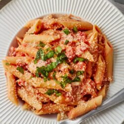 Pasta dish with tomato sauce and grated Parmesan on white ceramic plate.