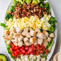 Bite-sized chicken, avocado, hard-boiled eggs, tomatoes, blue cheese, bacon on a salad platter, healthy meal, fresh ingredients, bakedbree.com.