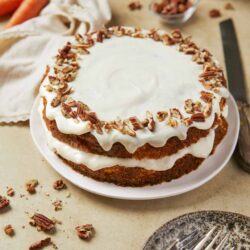 Cream cheese frosting on classic homemade carrot cake with chopped pecans.