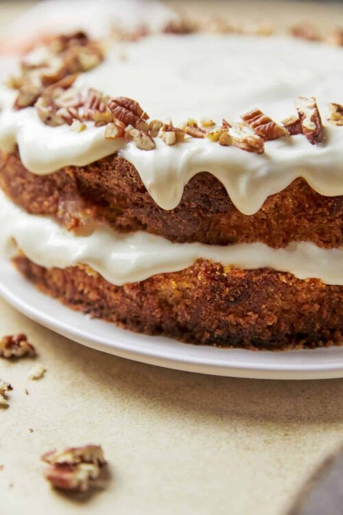 Rich chocolate carrot cake with cream cheese frosting and chopped pecans.