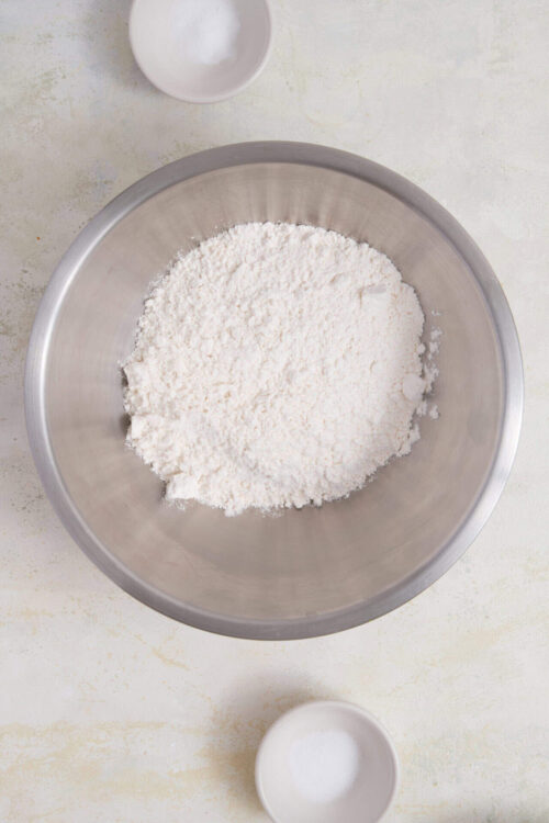 Flour in a mixing bowl for baking recipes.