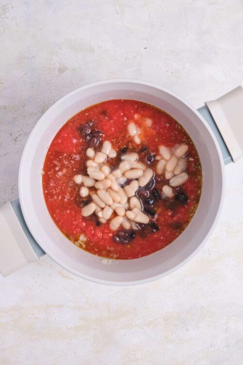 Mixed beans in tomato soup, healthy and easy-to-make vegetarian meal, cooked in a rice cooker.