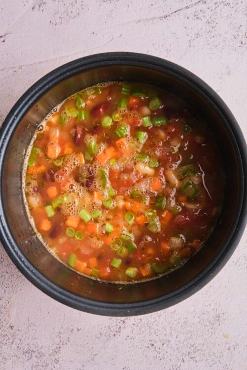 Savory vegetable soup in a slow cooker with carrots, potatoes, green onions, and herbs.