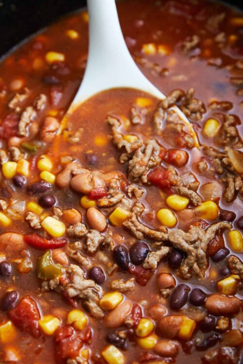 Hearty homemade chili with ground beef, beans, corn, and tomatoes in a rich, flavorful broth. Perfect for cold weather comfort food.