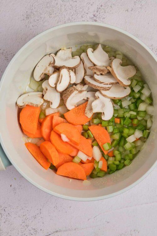 Chopped carrots, mushrooms, celery, and onions in a mixing bowl for cooking or soup preparation.